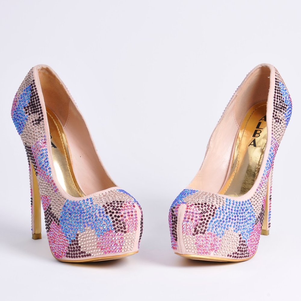 ALBA, Platform, Rhinestone, Multi Colored, High Heal, Size 6.5